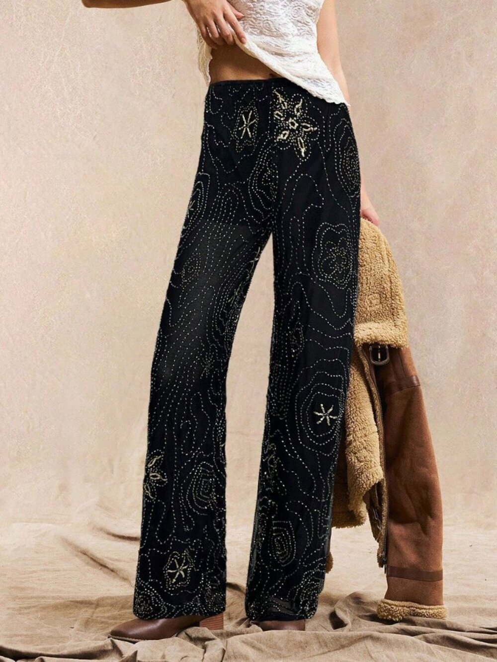 Black Casual Women's Beaded Pattern Loose Straight Leg Pants